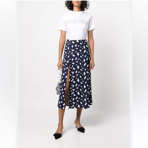 Reformation Bea Midi skirt in navy with white paint stroke pattern